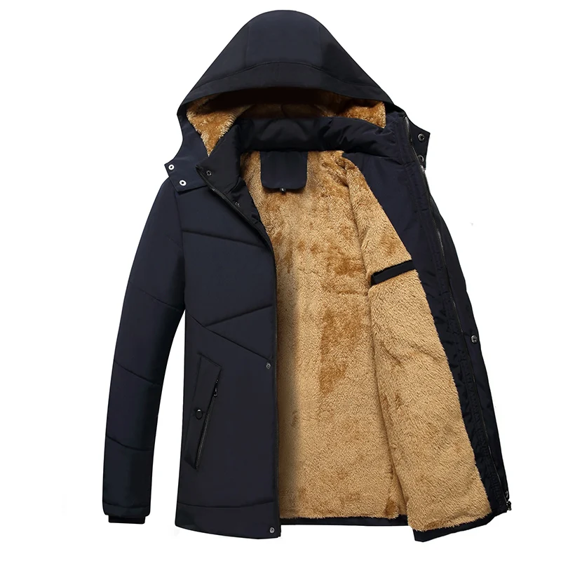 Winter Parker Middle-Aged Men's Fleece Coat Thickened Warm Hooded Fur-collared Coat Men's Plush Jacket Winter Work Coat Black