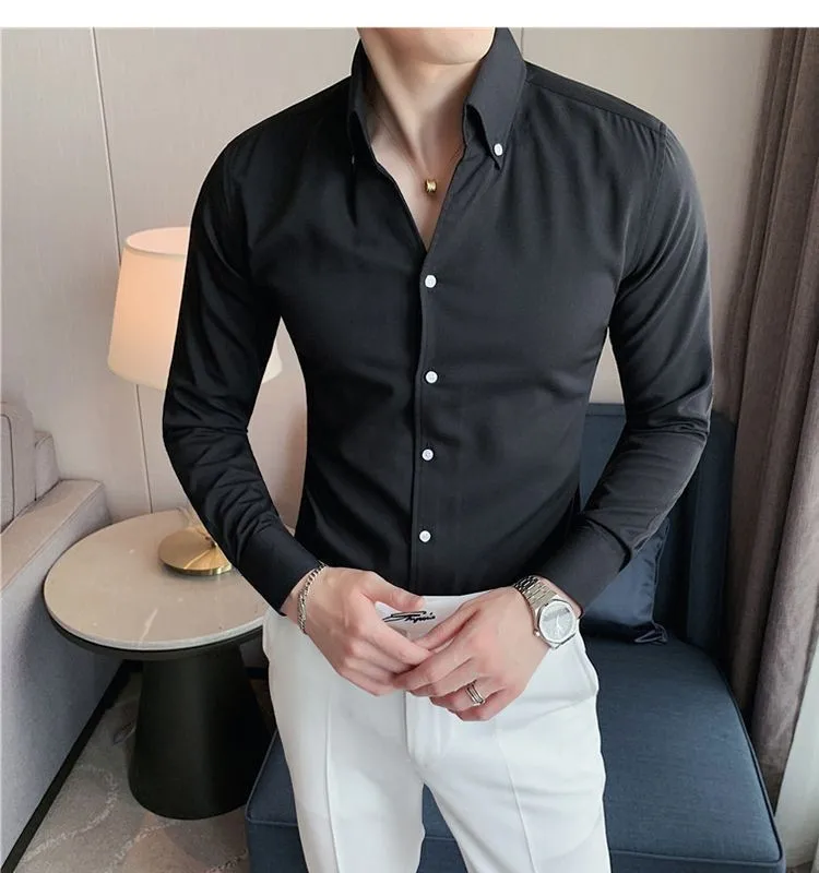 Summer Korean Men Slim Long Sleeve Shirt Business Casual Shirt Breathable Men's Lapel Polo Shirt