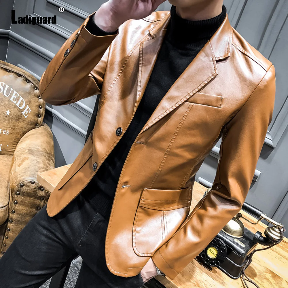 Ladiguard Mens Pu Leather Jackets Kpop Fashion Jacket 2022 Single Breasted Tops Sexy Faux Leather Coats Solid Pocket Outerwear