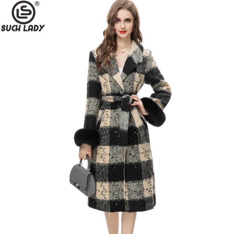 Women's Coat Notched Collar Fur Long Sleeves Sequined Plaid Lace Up Fashion Outerwear Trench Coats