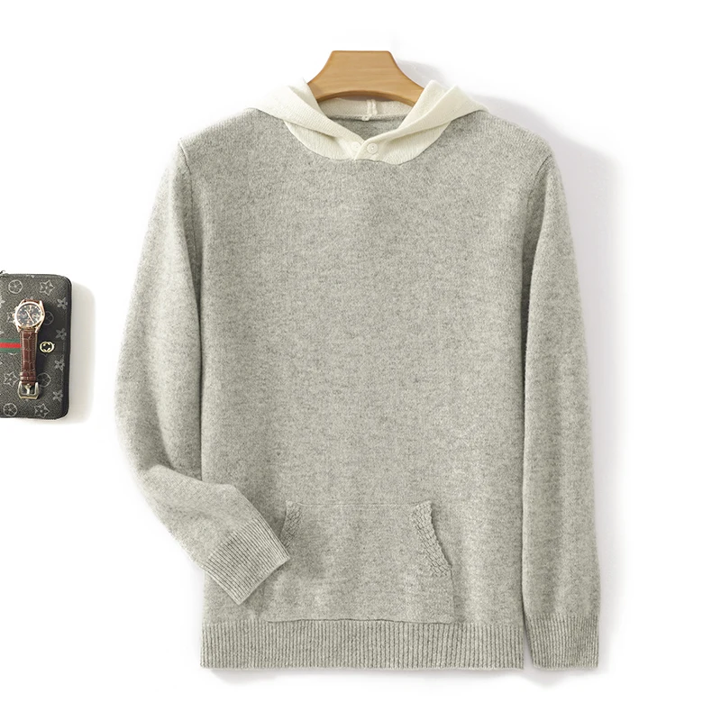 Men's 100% Merino Wool Sweater Men Hoodied Collar Pullover Loose Large Size Business Knitwear Casual Autumn Winter Cashmere Tops 4