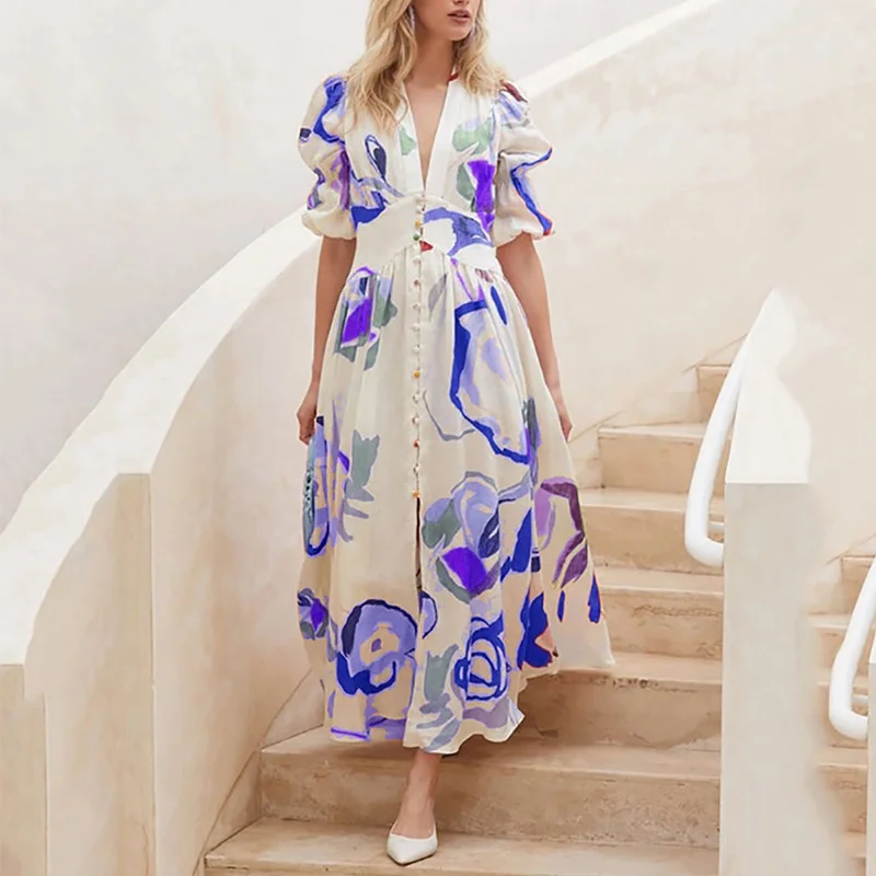 

2023 Fashion Slim Printed Long Dress Party New Spring Sweet Holiday Beach Dress Elegant Summer Long Sleeve Dresses Robe 26029