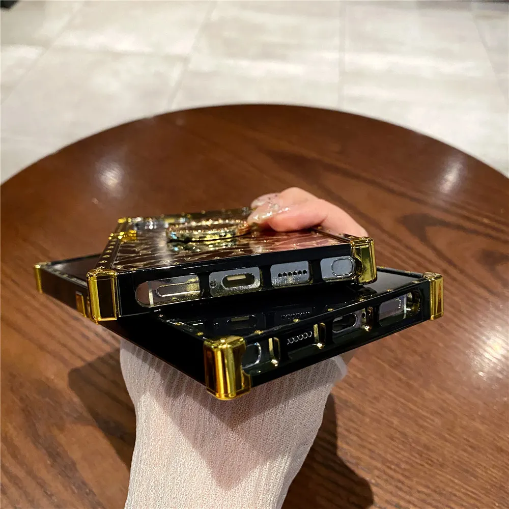 Feather Leopard Print Square Plating Fodral För Samsung Galaxy S24 S22 S21 S20 Note 20 Ultra 10 9 S23 FE A54 Ring Hållare_voghion.com