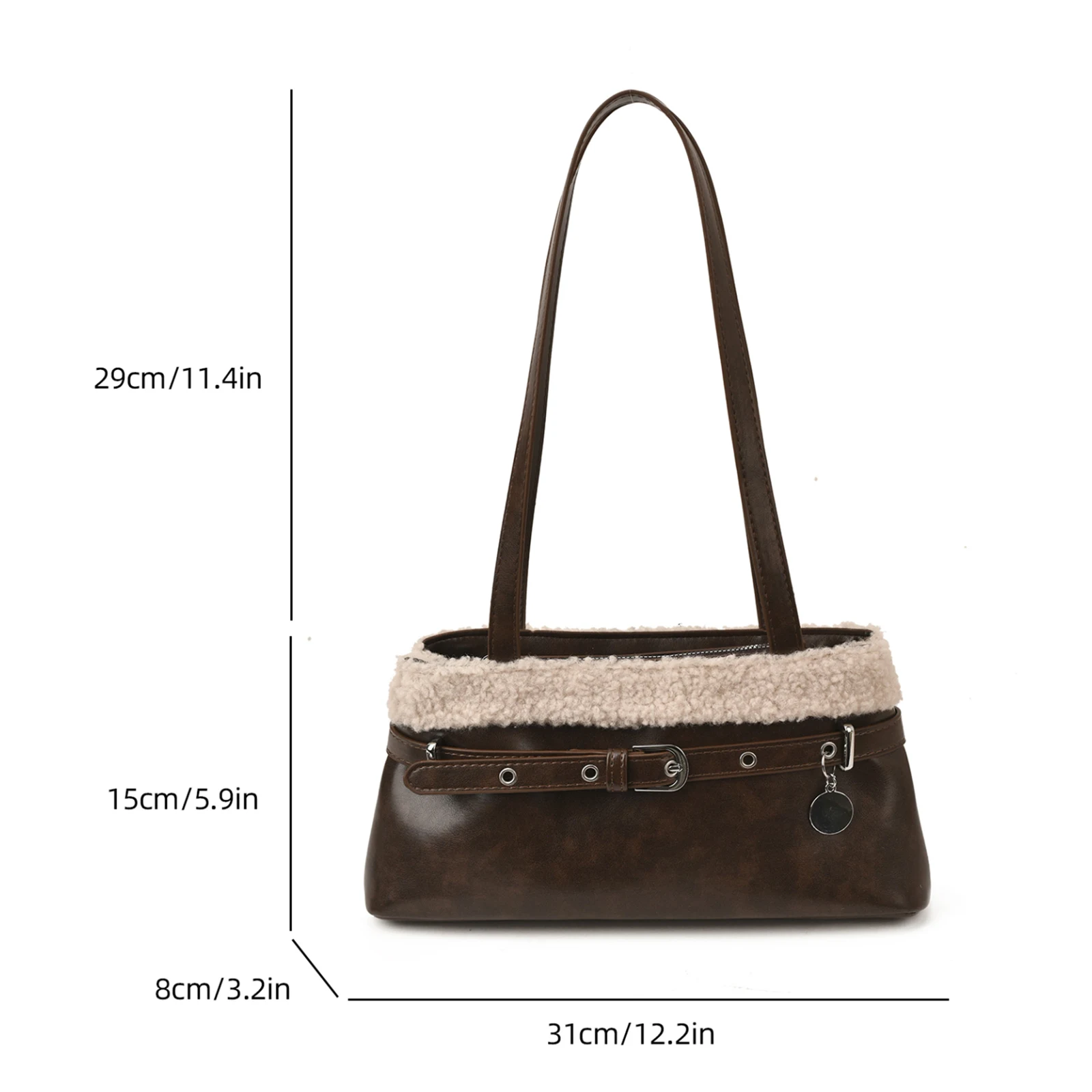 Women PU Lambswool Stitching Vintage Shoulder Bag W/Belt Buckle Small Satchel Tote Bag Handbag for Travel Winter Fall