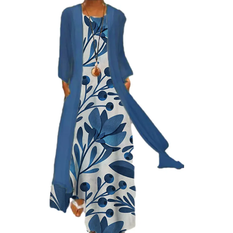 

Elegant Loose Dress Women Suit Fashion O-neck Sleeveless Maxi Dress +Long-sleeved Ladies Coat Casual Ladies Dress Two Piece Set