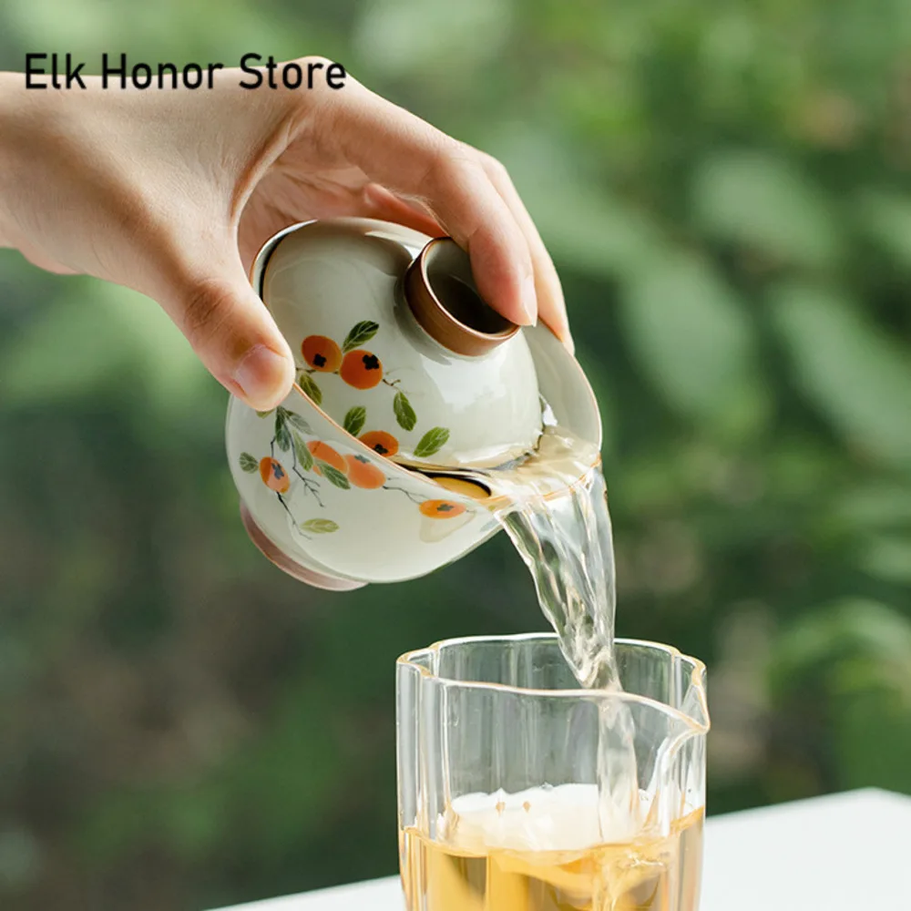 150ml Pure-painted Persimmon Ceramic Sancai Covered Bowl Retro Not Hot Tea Bowl with Lid Tea Maker Gaiwan Kung Fu Teaware Gifts