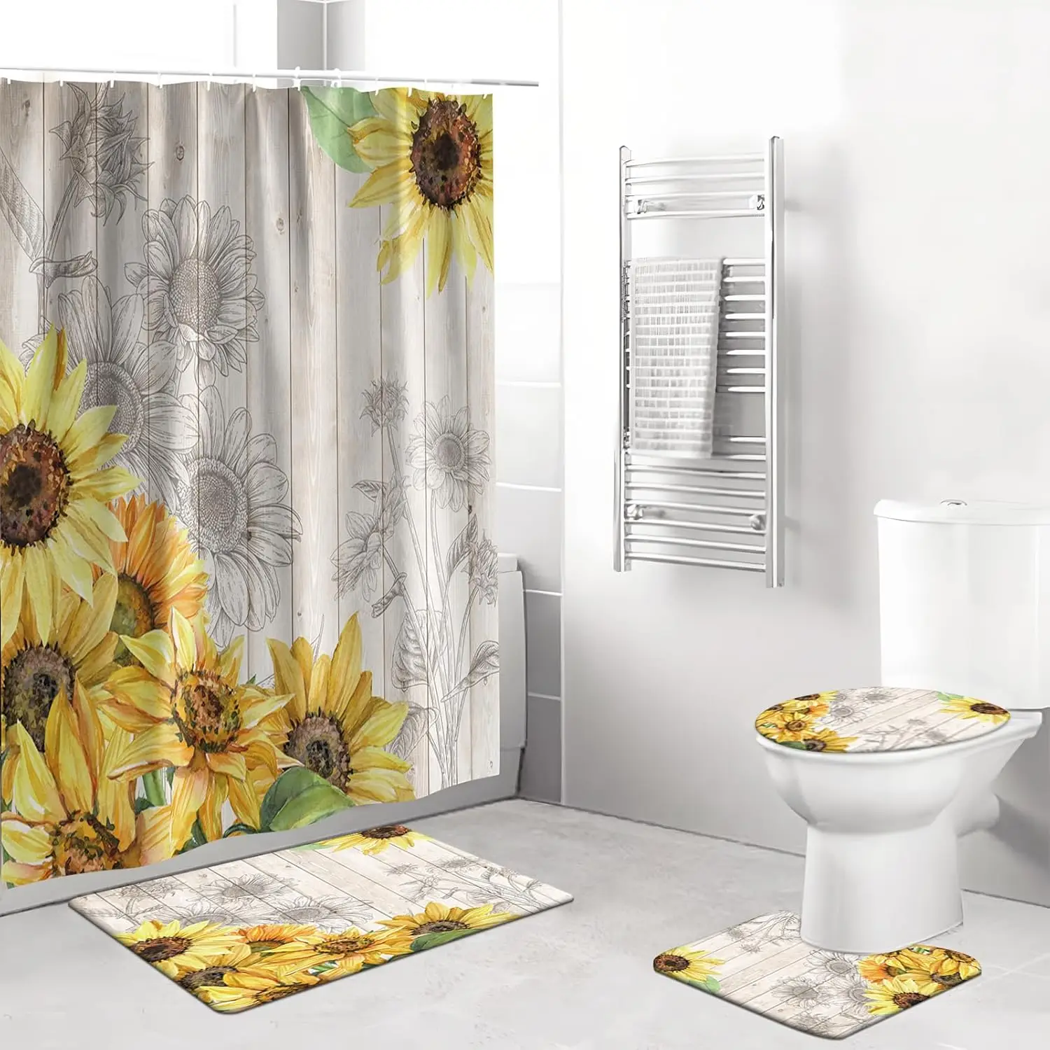 Jieprom Sonnenblumen-Badezimmer-Set: Duschvorhang + Matte + WC-Deckel – Wasserdicht, Rutschfest, Fröhliches Design