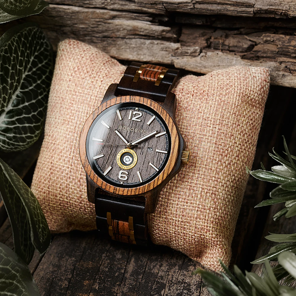 Men Wooden Watch Japanese Movement Top New Design BOBOBIRD Quartz Wristwatch Simple Week Date Display Custom Engraving Gift Box
