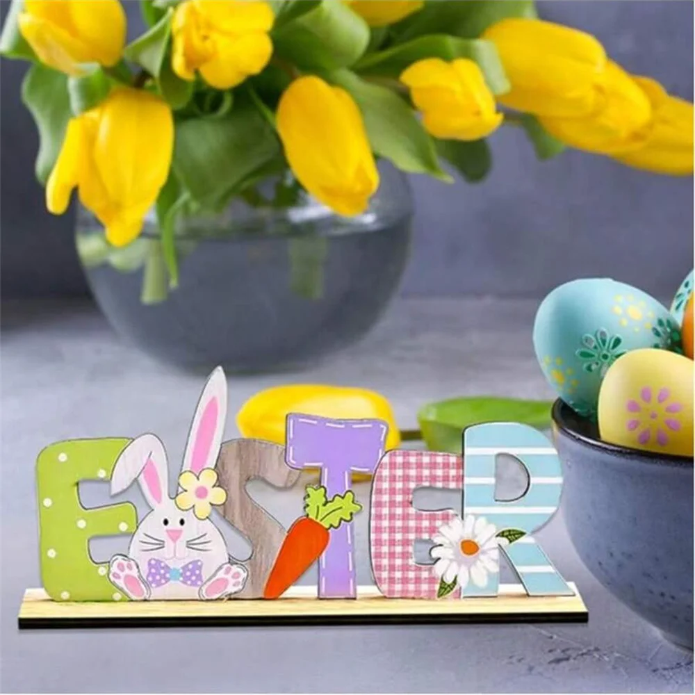 1pc Easter Decorations,Wooden Colored Letter Stand,Cartoon Rabbit Holding Egg Wooden Decor,Thematic Holiday Scenery Props