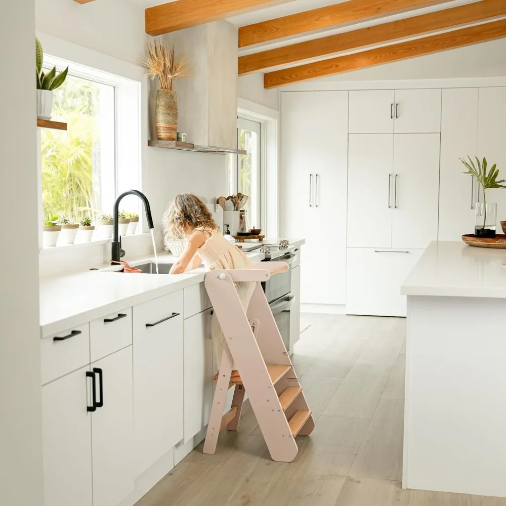 Adjustable Toddler Step Stool, Montessori Tower for Kitchen & Bathroom, Folding Wooden Stool Ages 3+