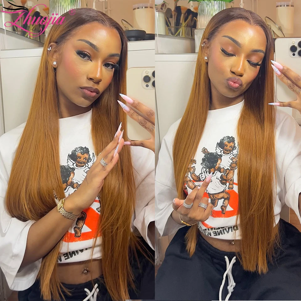 Human Hair Wig 250% Double Drawn 13x4 Bone Straight Lace Frontal T4/30 Honey Brown Lace Front For Women PrePlucked 30in human hair wig