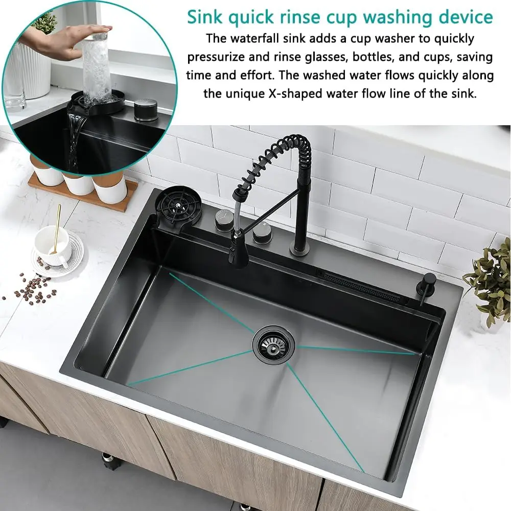 33 Drop In Kitchen Sink with Faucet Combo, 33x22 Inch Drop In Waterfall Kitchen Sink Workstation 16 Gauge S