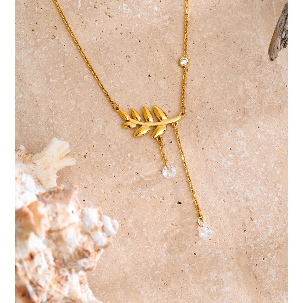 Yhpup Stainless Steel Leaf Chain Pendant Necklace