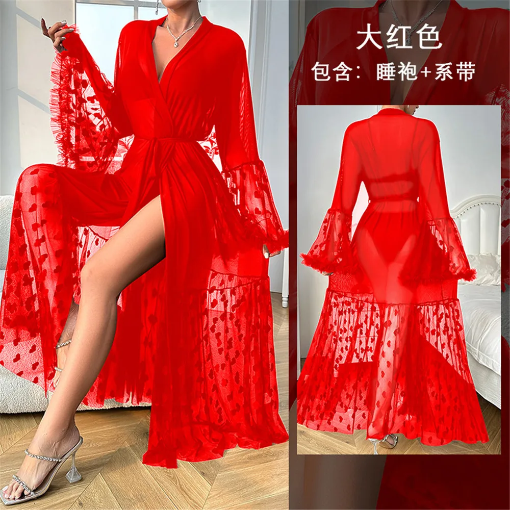Sexy Transparent Mesh Robe Kimono Bathrobe Gown Nightgown Casual Women Nightwear Sleepwear