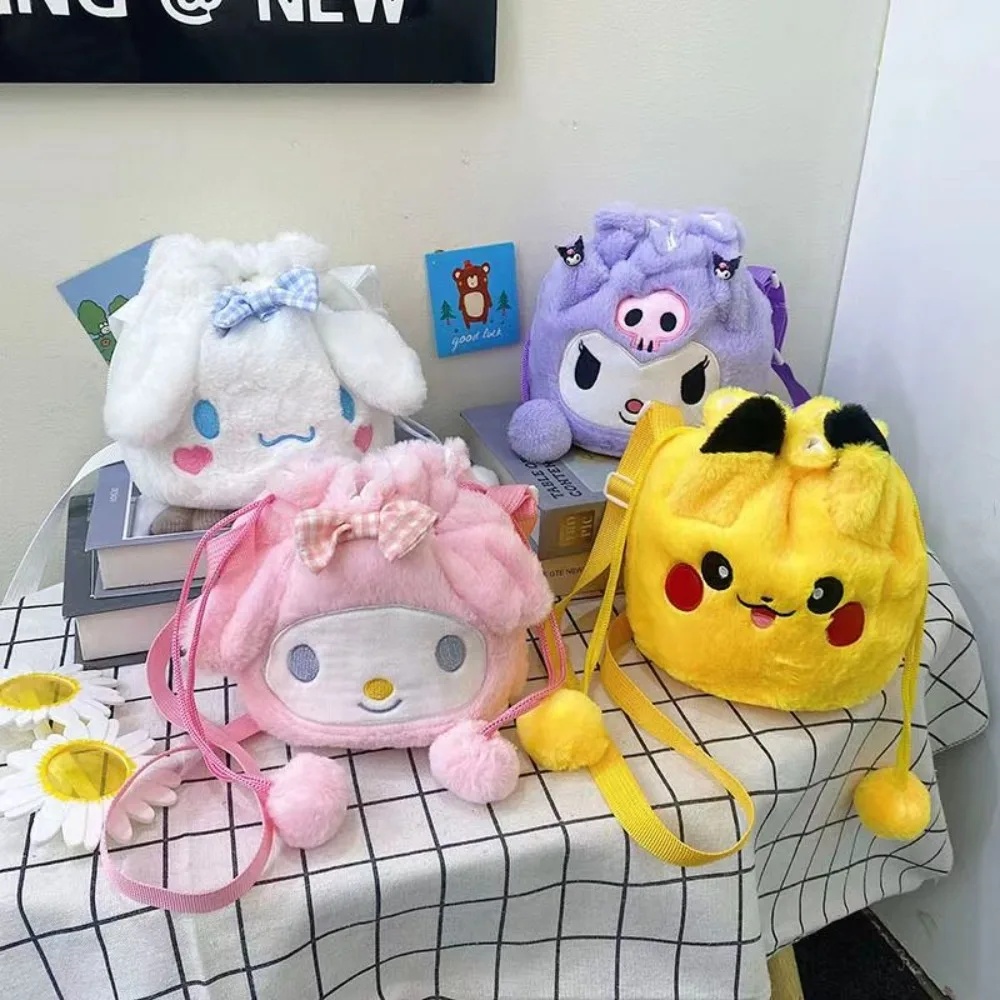 

Cartoon Sanrio plush doll drawstring bag, cute Cinnamoroll backpack, soft and cute Kuromi crossbody bag, Melody anime backpack