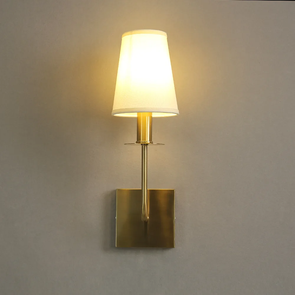 

Fabric Wall Scone with Flared White Textile Lamp Shade Curved Arm Antique Brass Finish Wall Light for Bedroom Bathroom Vanity