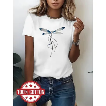 Elegant Women's Art Printed Design Shirt Round Neck Women's Casual Fashion Trend Harajuku Cotton Short Sleeved Women's T-shirt 1