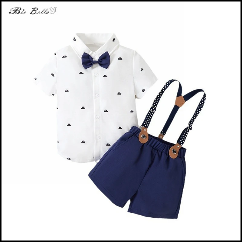 

Kids Boy Summer Clothes Sets Formal Show Birthday New Year Children Perform TShirt Pants Tie Gentlemen Outfits Set Costume Boy