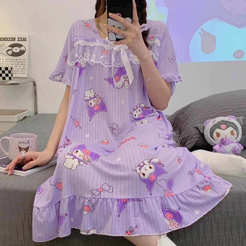 

Cartoon Sanrio Pajama Dress Hello Kittys Mymelody Kuromi Cinnamoroll Anime Short Sleeved Shorts Summer Homewear Set Breathable