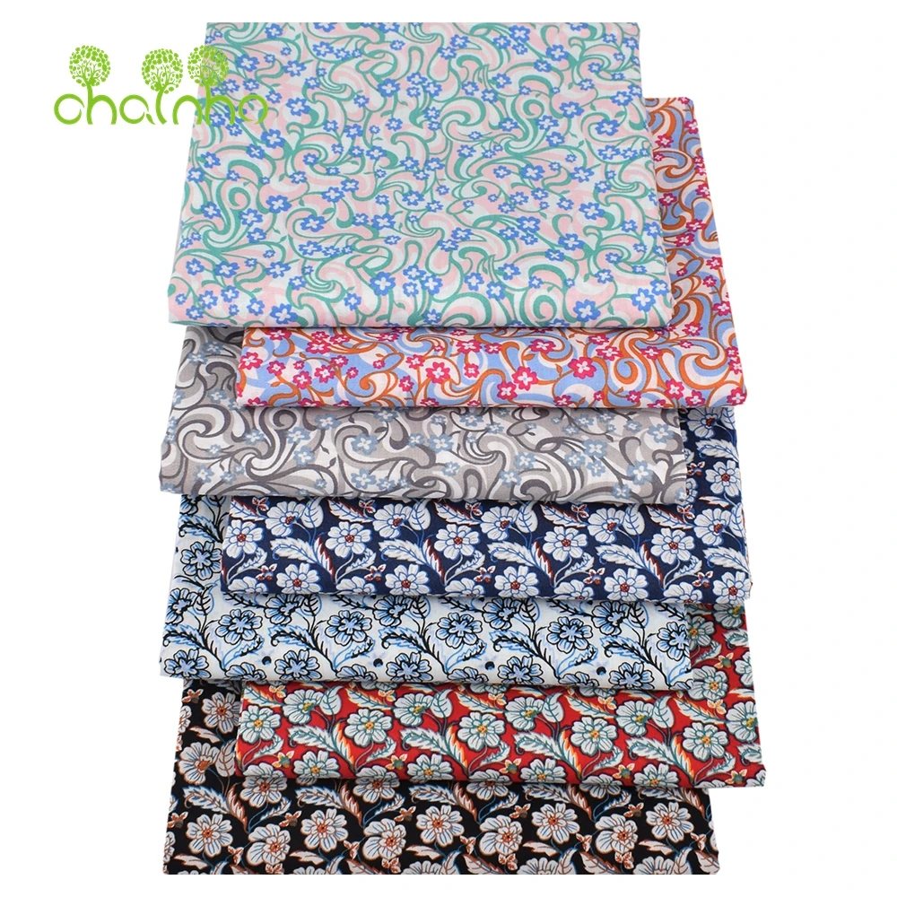 Chainho,Printed Plain Weave Poplin Cotton Fabric,DIY Sewing Quilting Material,Patchwork Cloth,Flower Series,4 Sizes,PCC73