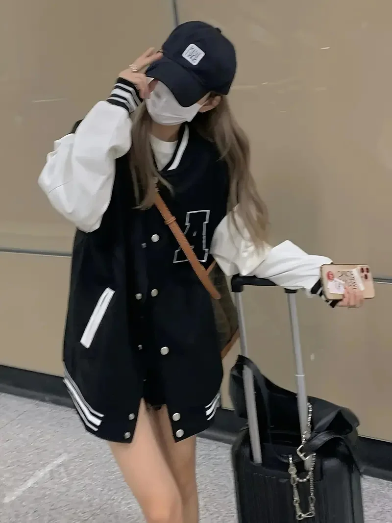 여성용 라운드 넥 야구 재킷, 컬러 블로킹 디자인, 스트리트 패션, 레저, 다목적, 미국 스타일 코트, 가을, 겨울, 신상