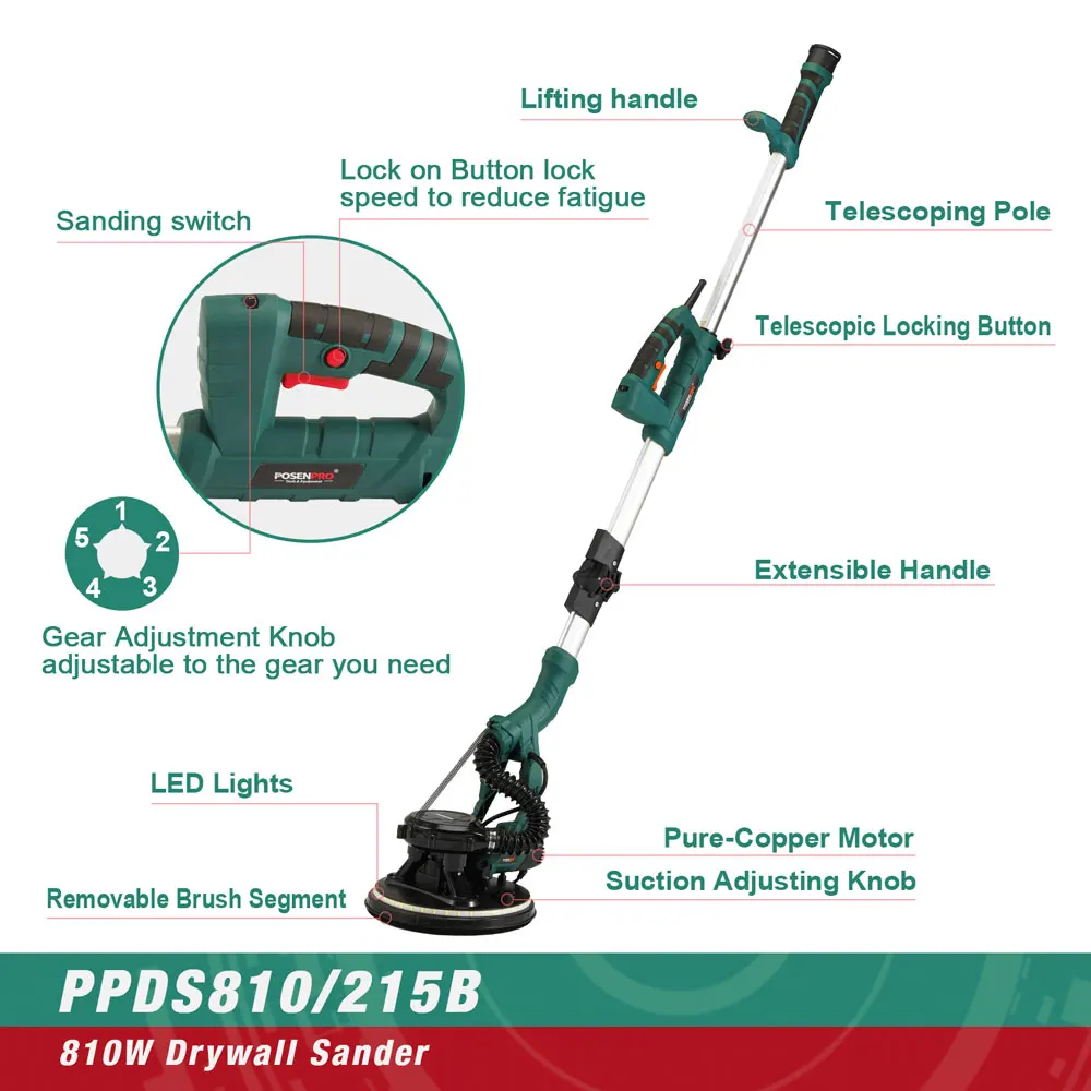 215MM Electric Drywall Sander Pole Wall Polisher 810W Dry Wall Sander LED Strip Light Wall Sanding Household 2