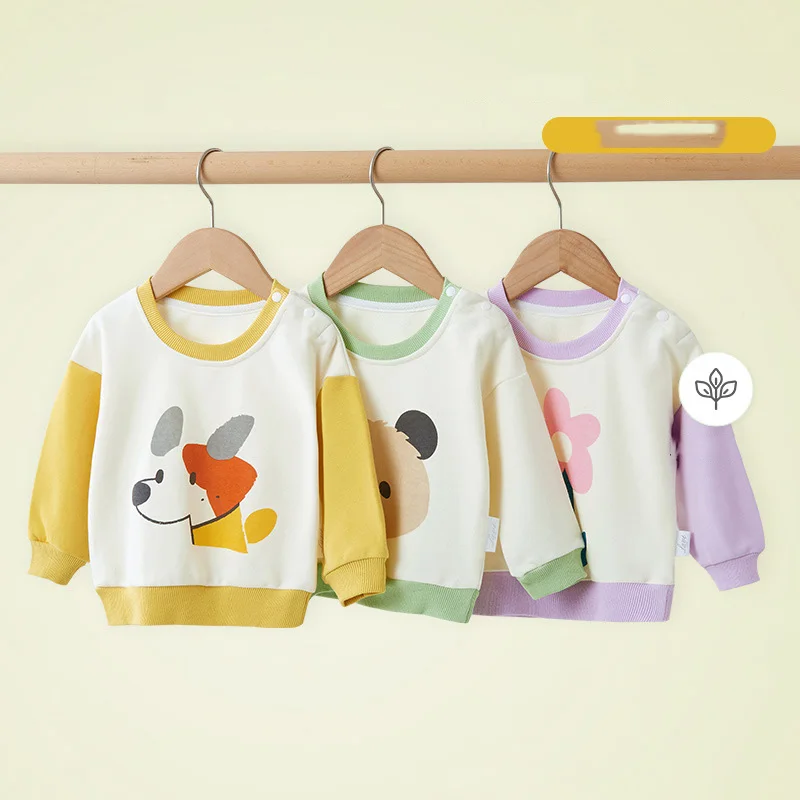 Korean Infant Baby Boys Sweatshirt Cotton Floral Printed Long Sleeve Toddler Boys Tops Loose Casual Spliced Kid Bottom Tops