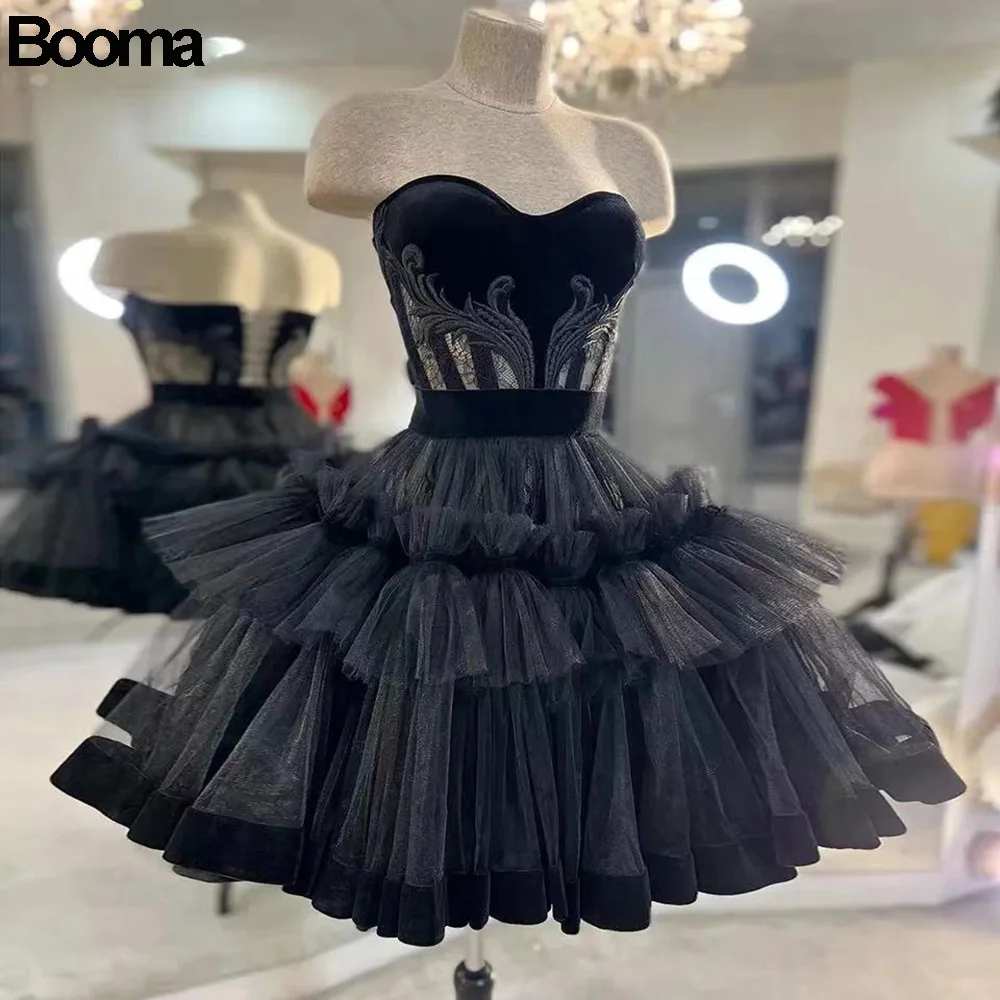 

Booma Prom Dresses Tiered Tulle Short Homecoming Dress Sweetheart Ruffles Above Knee Formal Party Prom Gothic Graduation Outfits