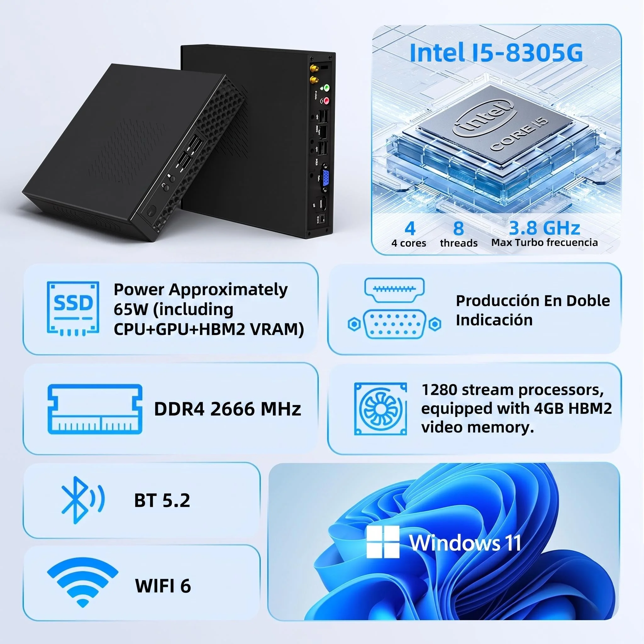 Texhoo MINI PC Intel Core i5‑8305G AMD GPU Radeon RX Vega M GL 4GB HBM2 16G DDR4 2666Mhz 512G SSD Desktop Mini Computers WIFI6