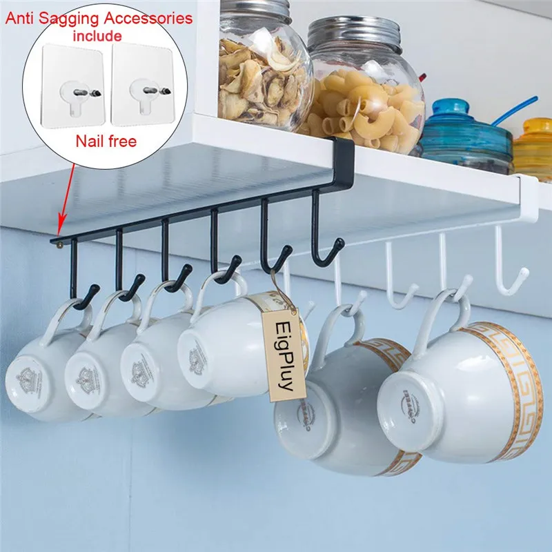 

Mug Cup Hanger Iron 6 Hooks Storage Shelf Wardrobe Cabinet Metal Under Shelves Bathroom Kitchen Organizer Hanging Rack Holder