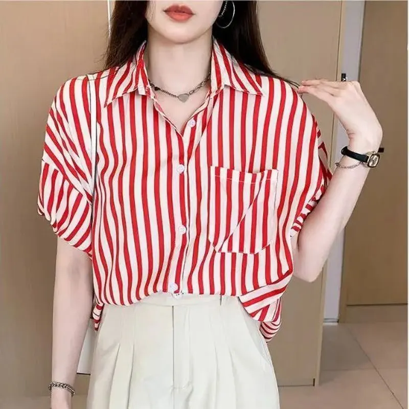 

Office Lady Fashion Striped Blouse Summer Short Sleeve Casual All-match Pockets Patchwork Female Clothing Single-breasted Shirt