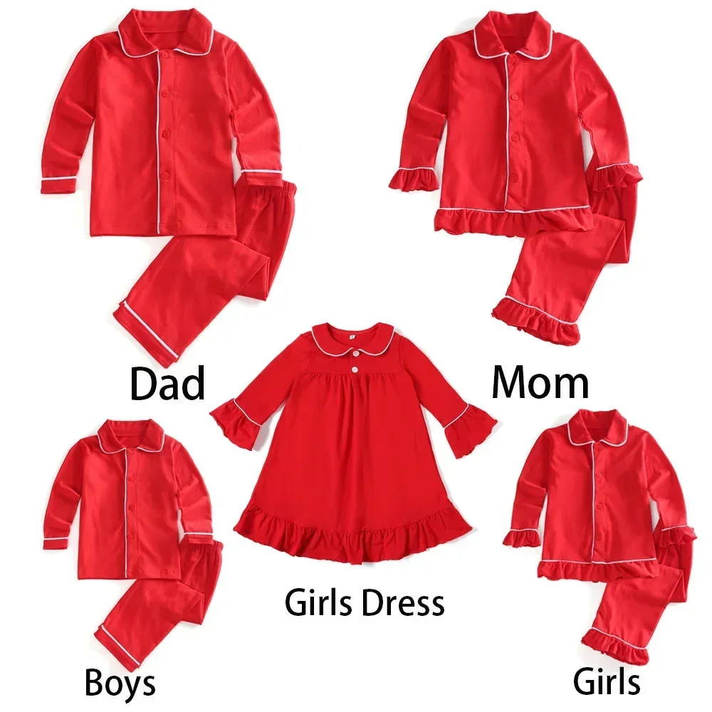 thumbnail image 2 of Conjunto de ropa familiar navideña para padres e hijos, pijamas de seda de imitación de satén de color rojo sólido de otoño, conjuntos a juego para madre e hijo 2023, 2 of 5