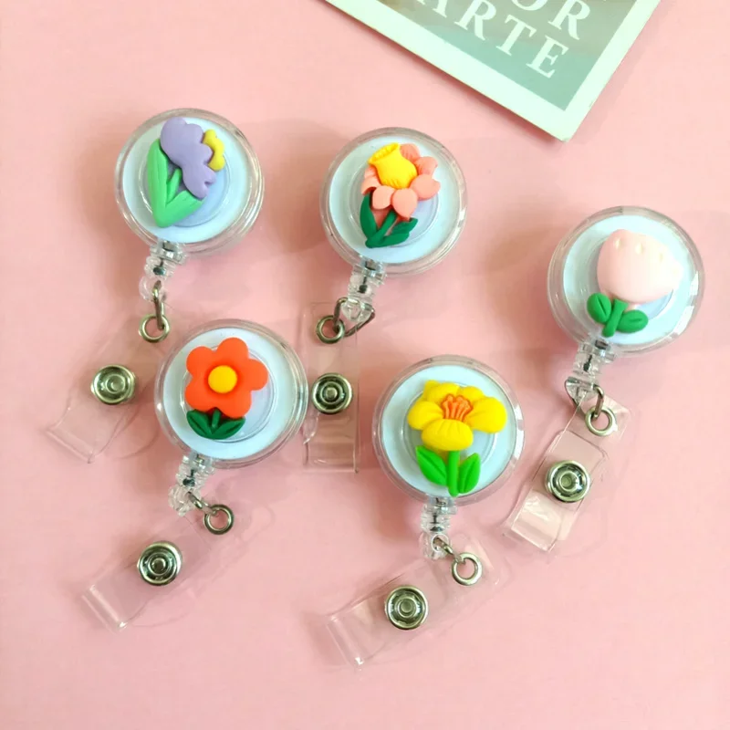 

1PCS Three-dimensional Flower Women Card Holder Clip Nurse Employee Work Retractable Badge Lanyard Credit Card Clip Buckle