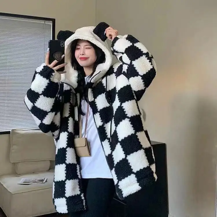 

HOUZHOU Harajuku Kawaii Y2k Style Hoodies Women 2023 Winter Fashion Casual White and Black Patchwork Oversized Hooded Sweatshirt