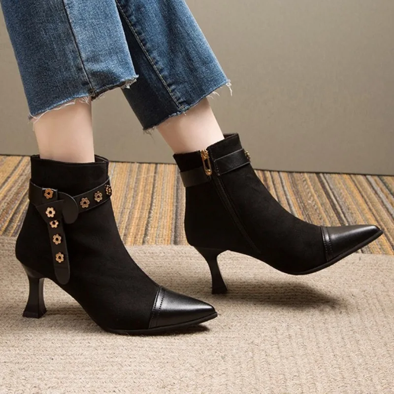 

Женские замшевые ботинки в стиле ретро, однотонные ботинки с острым носком, на тонком каблуке, на высоком каблуке, для зимы, 2023