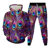 Autumn/Winter Hoodies Set Color Animal Peacock Feather Pattern 3D Print Men Clothing 2 Pieces Sweatpants Oversize High-quality 1