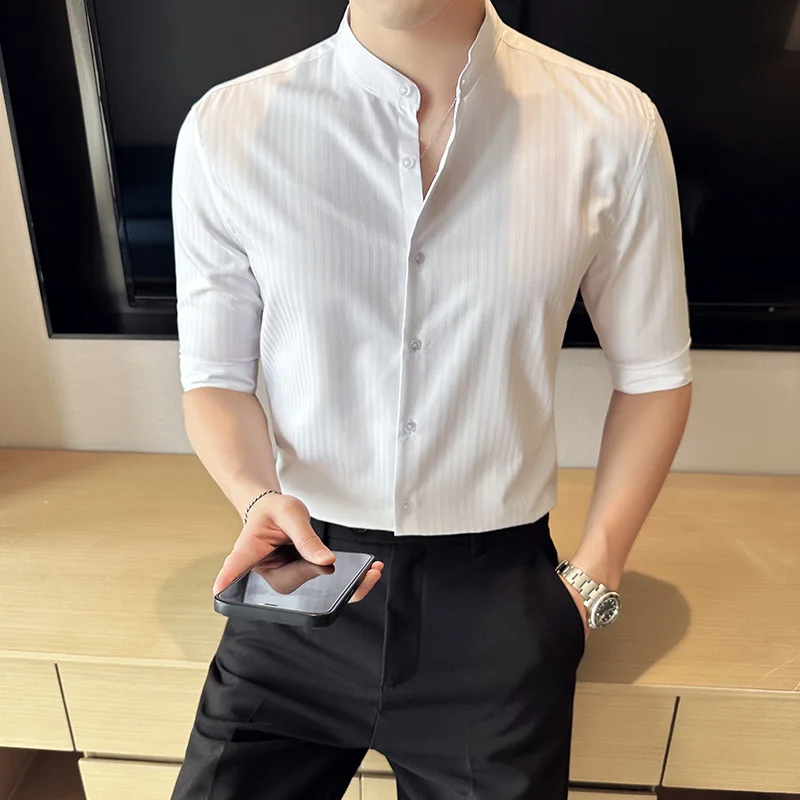 

Summer Thin High-grade Business Vertical Stripe Stand Collar Shirt Fashion Sleeve Shirt Male White/ Men Shirts M-4XL