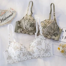 Roseheart Bralette de encaje con tirantes y volantes para mujer, bragas acolchadas con ajuste suave, Push Up, Conjunto de sujetador inalámbrico con bordado A B