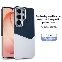 Enhanced Linen Leather Magnetic Wallet Phone Case with MagSafe Card Holder - Shockproof and Soft Cover Design - Galaxy S26 Ultra (Blue)