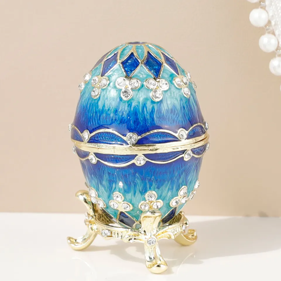 Blue Vintage Faberge Style Egg Trinket Box - Unique Hand