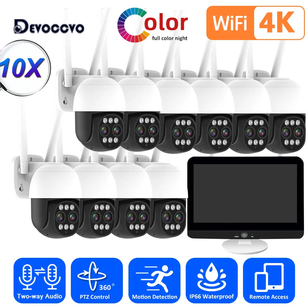 

4K 10X Zoom Wifi PTZ IP Security Camera System 12.5" LCD Screen Monitor NVR Kit 10CH Wireless CCTV Video Surveillance Kit 8CH
