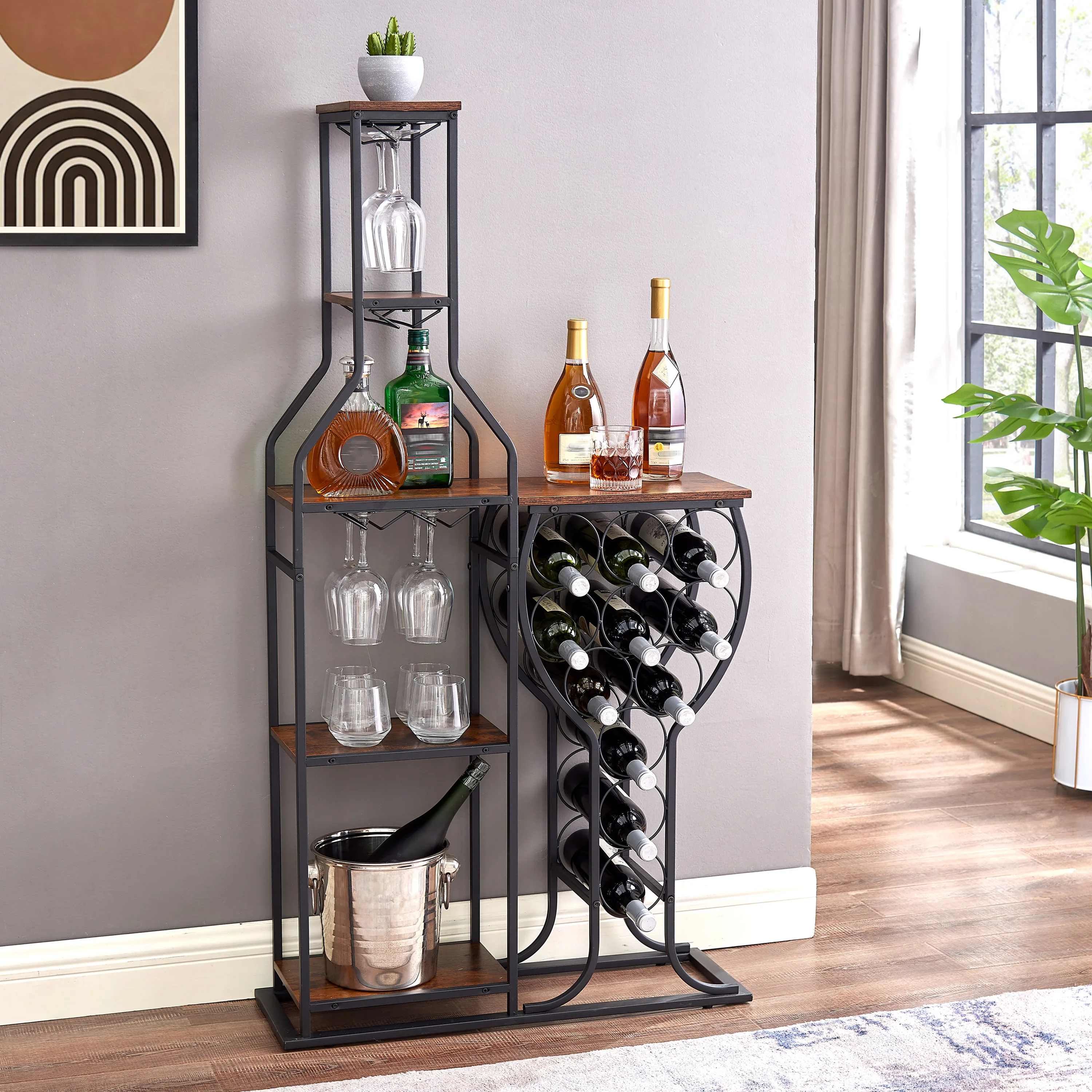 11 Bottle Wine Bakers Rack, 5 Tier Freestanding Wine Rack Hanging Glass Holder and Storage Shelves for Kitchen, Dining Room