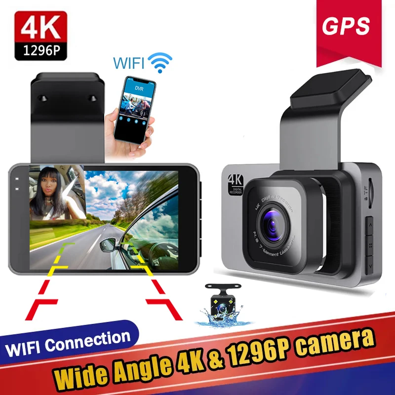 Автомобильный видеорегистратор, Wi-Fi, GPS, 3,0 дюйма, IPS, 4K и 1296P, видеорегистратор с двумя объективами, автомобильная камера, видеорегистратор, 24-часовой монитор парковки
