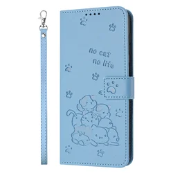 Kawaii Cat Leather Flip Wallet Phone Case for Galaxy S25 (Sky Blue)