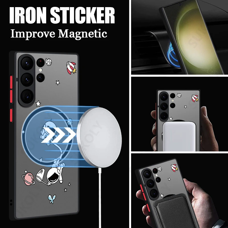 Astronaut Magsafe Charging Matte Acrylic Phone Cover with Iron Ring Design