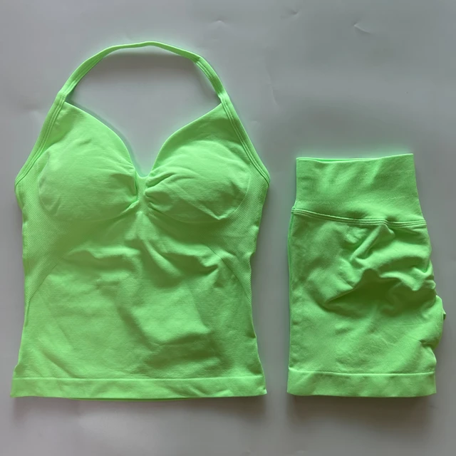 No Logo 2Pcs Gym Set Women Backless Tank Tops High Waist Scrunch Seamless Shorts Gym Suit Fitness Clothes Activewear Workout Set 4