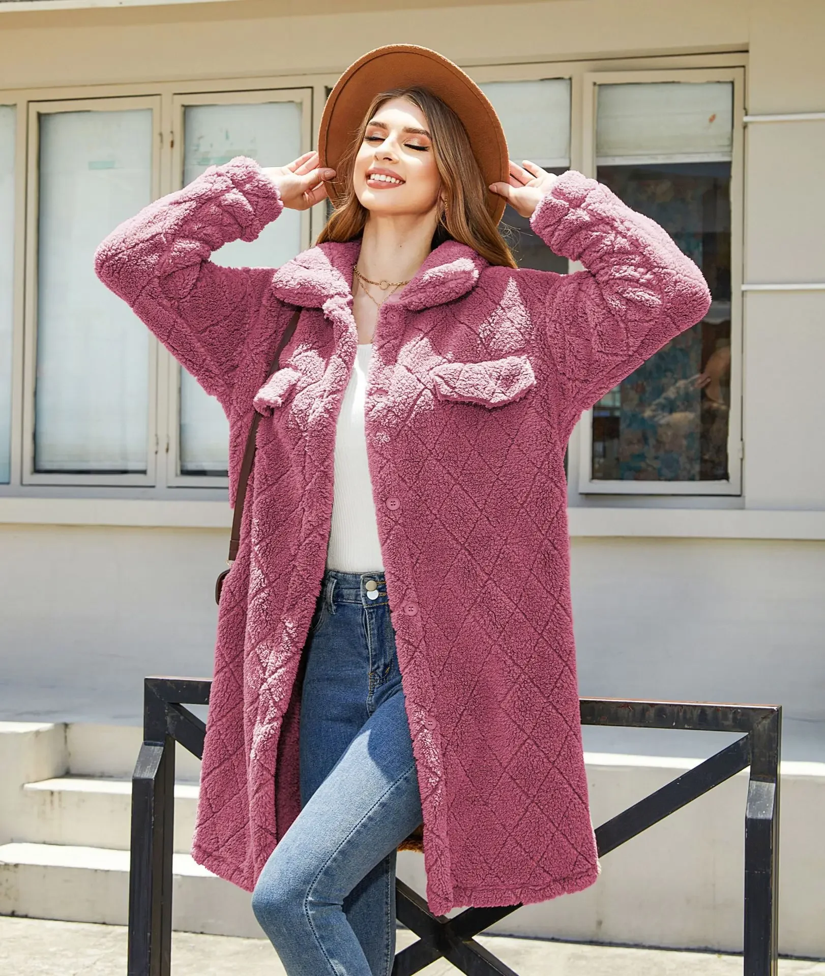 Autumn and Winter New European and American Women's Plush Loose Single breasted Diamond Coat Wool
