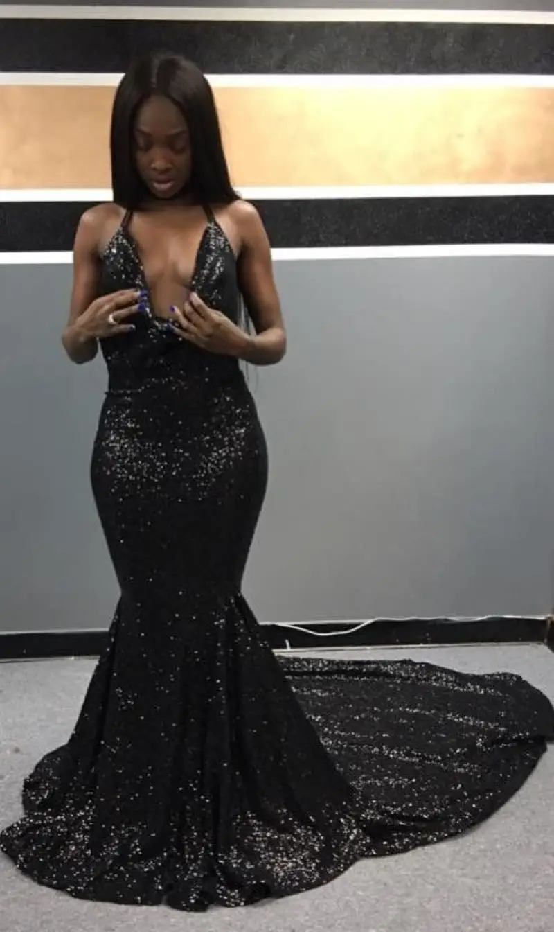 

Sparkly Sequined Black Mermaid Prom Dresses New Black Girl Halter Neck Sweep Strain Long Women Formal Evening Party Gowns