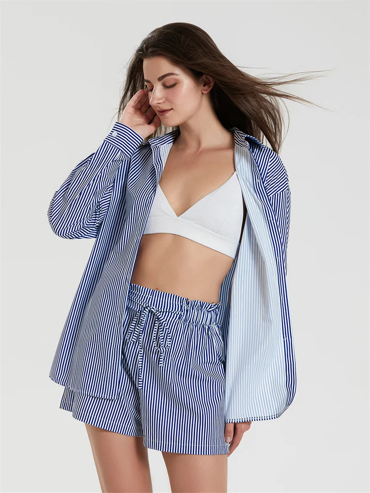 

Женский комплект из 2 предметов, рубашка в полоску с длинным рукавом и отложным воротником, топ и шорты с галстуком, летняя и осенняя Повседневная Свободная уличная одежда