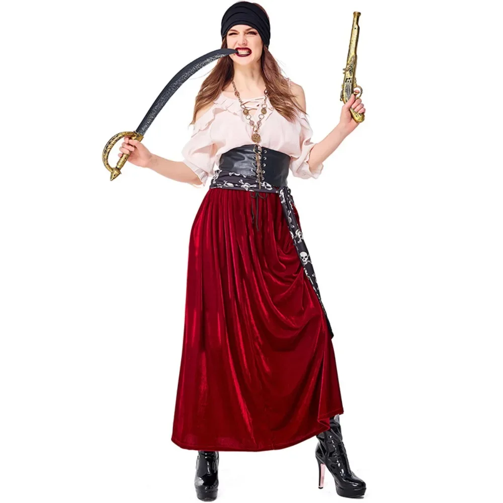 

Caribbean Women Pirates Cosplay Costume Tops Skirt Scarf Girdle Suit Female Pirates Captain Role Play Uniform Halloween Party